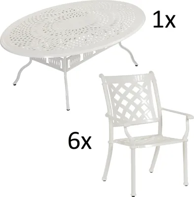 Produktbild von Inko 7-teilige Sitzgruppe Alu-Guss weiß Tisch oval 216x152x74 cm cm mit 6 Sesseln Tisch 216x152 cm mit 6x Sessel Duke
