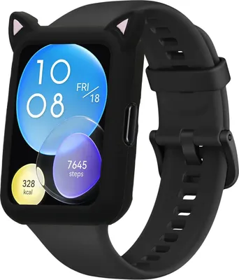 Produktbild von kwmobile Schutzhülle kompatibel mit Huawei Watch Fit 2 Hülle - Silikon Bumper Rahmen mit Cat Ears - Case ohne Display Schutz - Schwarz Rosa