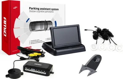 Zdjęcie produktu dla AMiO Parking Assist TFT02 4,3" z kamerą HD-502-IR z 4 czujnikami, biały