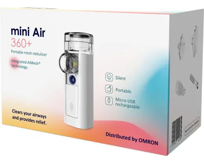 Obrázek produktu pro mini Air 360+ distribuovaný společností OMRON | Přenosný, tichý inhalátor pro dospělé a děti | Inhalátor včetně dvou masek + náustku | Úleva od kašle a nachlazení | Nabíjení pomocí micro USB