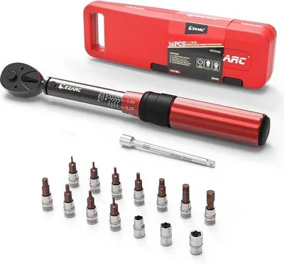 Immagine prodotto di Chiave a bussola per biciclette e motociclette, 6,4 mm, 5-25 Nm, 16 pezzi, precisione ± 3%, estensione di 10 cm, 72 denti, reversibile
