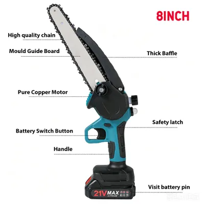 Image de Scie à chaîne électrique sans fil - Lame de 20 cm - 21 V - Appareil portatif - 2 batteries