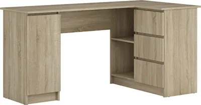 A corner desk with storage.