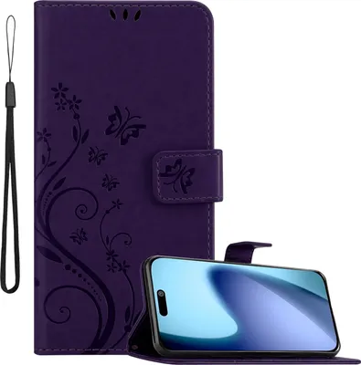 Produktbild von Cadorabo Hülle für Apple iPhone 17 Hülle in FLORAL DUNKEL LILA Schutzhülle im Blumen Design mit Magnetverschluss, Standfunktion und Kartenfächern Book Case Cover