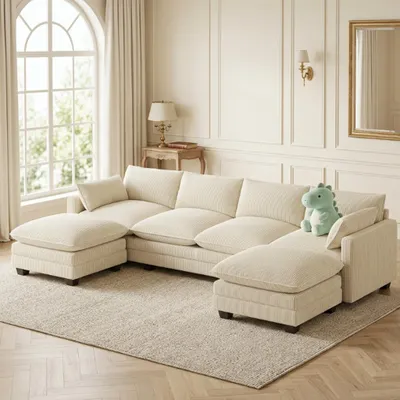Image de Canapé d'angle en U BEALIFE 320 x 76 x 91 cm | 4 places + 2 poufs en velours côtelé | Pour les grands salons | Beige/gris foncé | AR89-31
