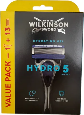 A product box for Wilkinson Sword Hydro 5 razor blades.