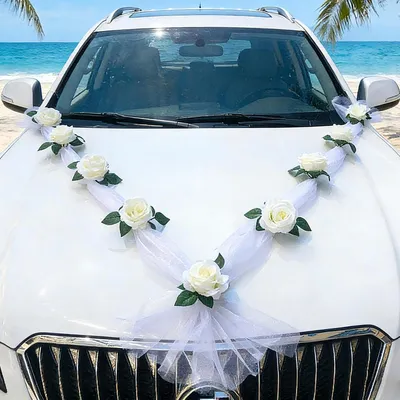 Produktbild von Hochzeitsauto Deko Set Weiß mit 9 Rosen und Gazebändern