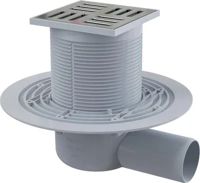 Obrázek produktu pro Podlahový odtok AlcaDrain 105 × 105/50 mm s jedním horizontálním odtokem, roštem z nerezové oceli, sifonem s těsnící vodou