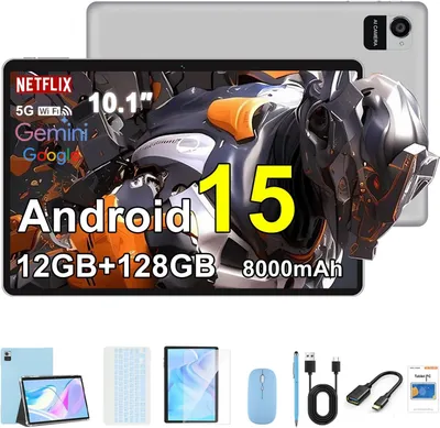 Produktbild von Crelander 10,1 Zoll Android 15 Tablet, 12GB+128GB Android Tablet, 8000mAh Akku, 1280x800 Touchscreen, 5G Bluetooth/WiFi, Bundle mit Hülle, Tastatur, Maus & Stylus (Blau)