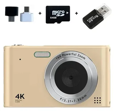 Immagine prodotto di Fotocamera digitale retrò - Fotocamera per bambini - 64 GB - Sensore CCD - Zoom 16x - Display da 6,1 cm - Foto/video HD - Filtri vintage - Colore champagne