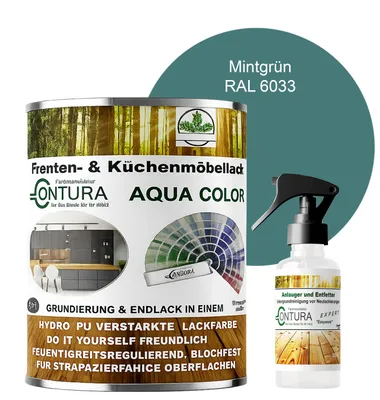 Produktbild von 750ml. + Anlauger - Contura Küchenmöbellack RAL Möbellack SEIDENMATT SET Möbelfarbe Holzlack Buntlack Küchenlack - RAL 6033 Mintgrün