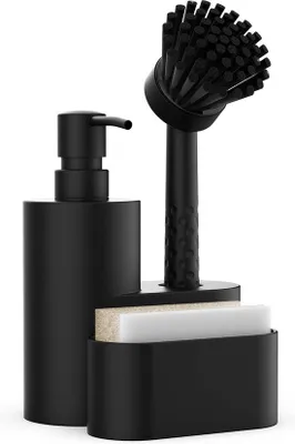 Produktbild von Famanu Gootsteenorganizer 340 ml - Schwarz mit Spülmitteldispenser, Bürste und Schwamm