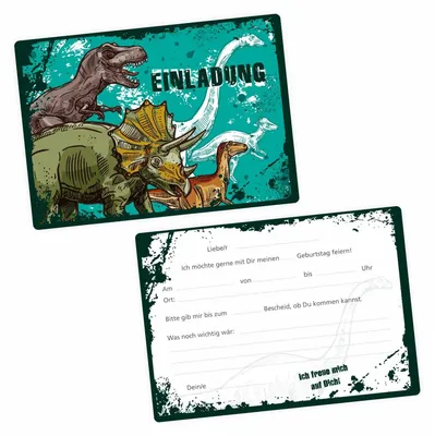 Produktbild von 10 coole Einladungskarten Dinosaurier T-Rex Triceratops inkl. 10 transparenten Briefumschlägen