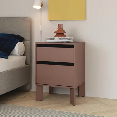 Produktbild von Forte TAHOE Nachtschrank 50, minimalistischer Nachttisch mit 2 Schubladen und diagonal gesetzten Beinen, Schlafzimmer, Holzwerkstoff, Terrakotta, 48,2 cm breit x 66,7 cm hoch x 41,4 cm tief