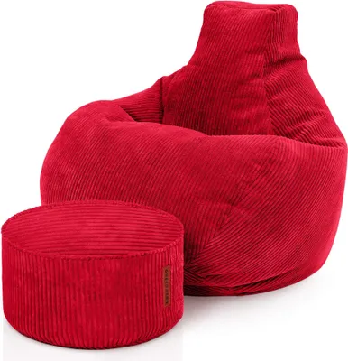 Produktbild von Green Bean® Sitzsack mit Hocker aus Cord - Sitzsäcke für das Wohnzimmer, Schlafzimmer, Sitzsack-Sessel für Erwachsene Rot