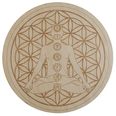 Produktbild von Untersetzer "Blume des Lebens und Chakra Buddha" Lindenholz gelasert 10cm