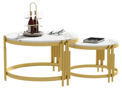 Productafbeelding van Modulaire salontafelset, met marmerlook, gouden metalen frame, rond