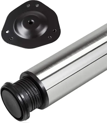 A close-up shot of a stainless steel table leg and a mounting plate.