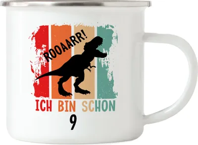 Produktbild von Roooaarr Ich Bin 9 Emaille Tasse Dinosaurier Dino T-Rex Geburtstagskind Geschenkidee