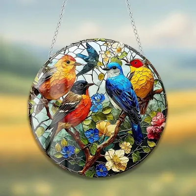 Produktbild von GKA Sonnenfänger Vögel und Blumen 15 cm bunt Buntglas Lichtfänger Fensterbild Fenster Fensterschmuck Fensterdeko
