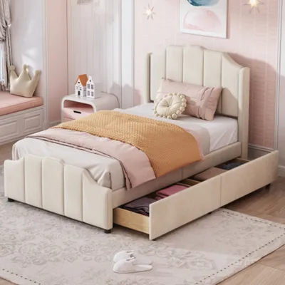 Produktbild von Kinderbett, Polsterbett,Bettgestell mit 2 Stauraumschubladen mit Kopfteil, Lattenrost Samt gepolstertes Doppelbett Jugendbett 90 x 200 cm