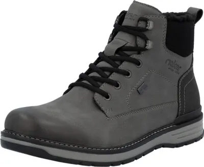 A single gray Rieker boot is shown against a white background.