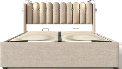 Produktbild von Flieks Polsterbett 160x200cm mit Lattenrost, Hydraulisches Boxspringbett mit USB und Leselichte, Stauraumbett Doppelbett, Leinen, Beige