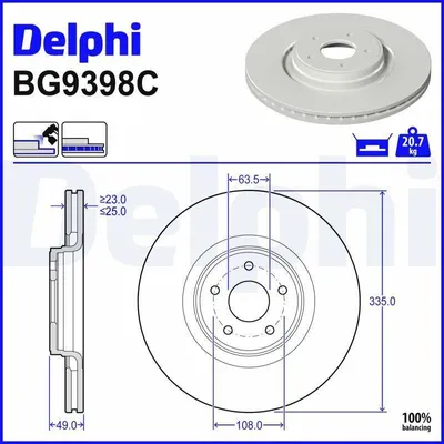 Produktbild von DELPHI Bremsscheibe Vorne für FORD FOCUS III Turnier 335mm BG9398C