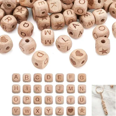 100 Holz-Buchstabenperlen zum Basteln, 12 mm, Herz & Stern