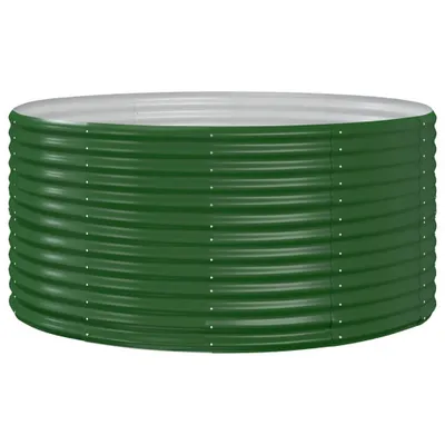 A green, corrugated metal raised garden bed on a white background.