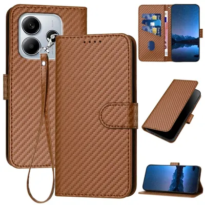 Immagine prodotto di Per Xiaomi Redmi Note 14 5G Custodia in Pelle finta con design in fibra di carbonio e cordino marrone