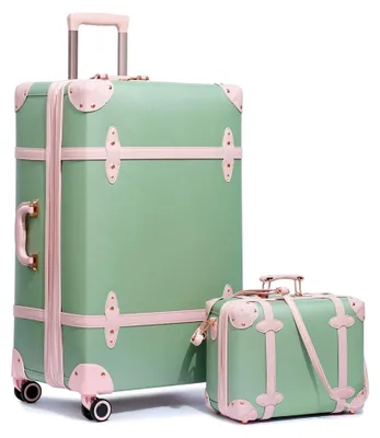 Produktbild von Vintage Reisekoffer Set in zwei Größen, leicht und retro, mit Hartschale und TSA-Schloss, 8 Rollen (Grün mit Rosa, S(14") und M(20"))