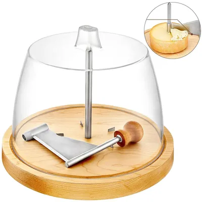 Produktbild von Käseschneider Handlich, Rotations-Käsereibe mit Deckel, Edelstahl mit Holzgriff und Käseschaber, Reibe für Käse und Schokolade