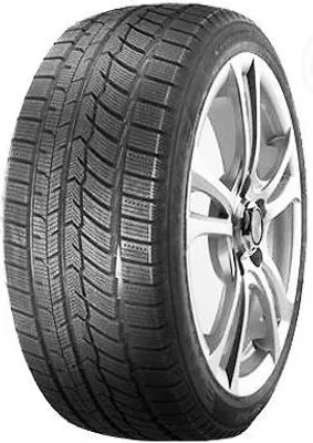 A close-up of a car tire mounted on a silver alloy wheel, shown against a white background.