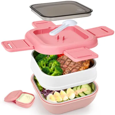 Bento Box aus Edelstahl, 1400 ml, rosa, mit Soßenbehälter