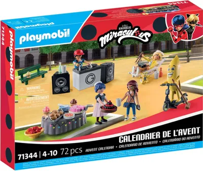 The image shows the front of a Playmobil Miraculous Advent Calendar box, depicting a scene with characters and accessories.