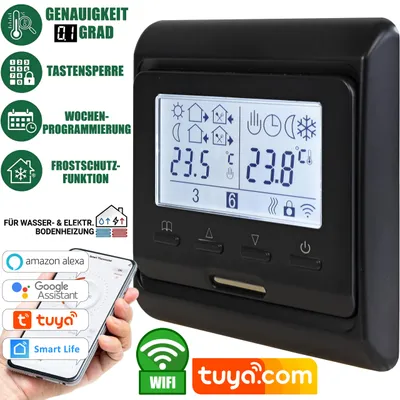 Produktbild von Raumthermostat WIFI WLAN SCHWARZ wasser / elektrische Fußbodenheizung, 16A/3600W, TUYA App-Steuerung, Wochenprogrammierung, LCD-Display, Unterputz