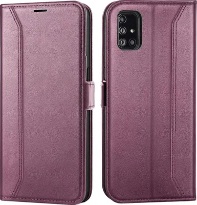 A purple flip case for a Samsung Galaxy A51 phone is shown from the front and back.