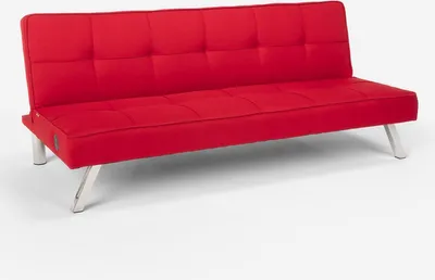 A red sofa bed with silver legs on a white background.