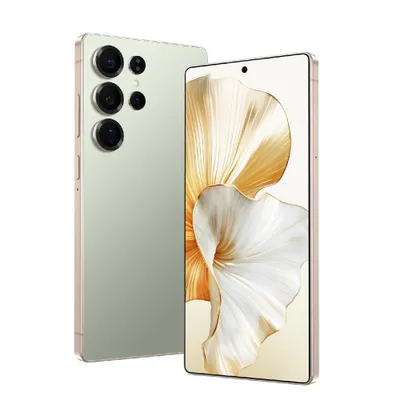 A product shot of a smartphone, with the back and front views shown.