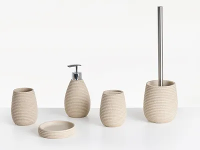 Produktbild von BELIANI Badezimmer Set 5-Teilig Hellbeige Kunstharz Seiloptik Modern Seifenschale Seifenspender Zahnbürstenhalter Toilettenbürste Becher Badausstattung