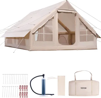 Obrázok produktu pre Nafukovacie stany na kempovanie 4x3x2 m, 5-8 osôb, 300D Oxford glampingový stan s pripojením na rúru, ručná pumpa 2 dvere a 4 sieťované okná, vrátane úložnej tašky na jednoduchú prepravu