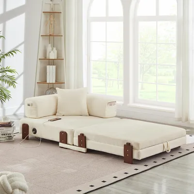 Produktbild von 2-in-1 Klappsofa beige mit Schlaffunktion, USB/Typec, Stauraum, Armlehnen, platzsparend für Gästezimmer & Loft