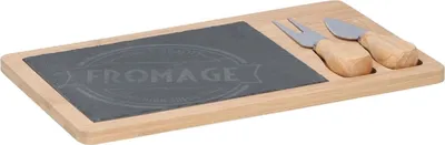 Produktbild von Alpina - Käseservierset - Käsebrett + Messer und Gabel 28,5 x 17 cm aus Bambus und Schiefer