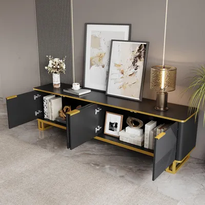 Obrázek produktu pro okwish TV skříňka s kovovým rámem a průchodkami na kabely, televizní stolek / lowboard s odkládacími plochami a otevřenými policemi, černá