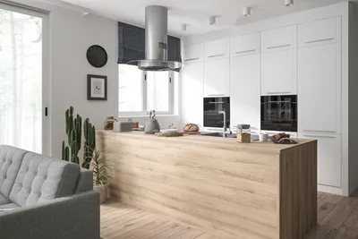 Produktbild von Küchenzeile KVANTUM mit Arbeitsplatte 304x243cm Teilauszug weiß Fronten MDF weiß-mint matt