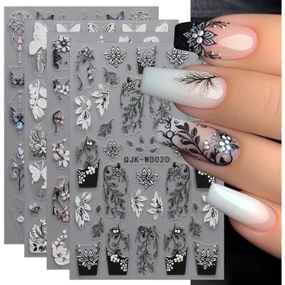 Image de Autocollants pour ongles, motif floral noir et blanc, 6 feuilles, décorations florales pour nail art, printemps/été, adhésifs