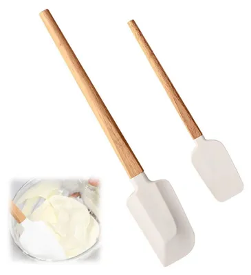 Image de Jeu de 2 spatules en silicone pour la cuisine, avec manche en bois | Résistantes à la chaleur, antiadhésives | Raclette à pâte et spatule-cuillère | 31,5 cm et 23 cm