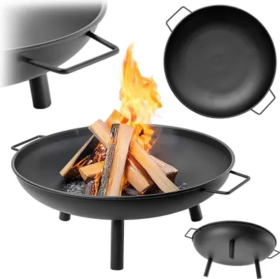 A collage of images showing a round garden fire pit with logs and flames, and close-ups of its design.