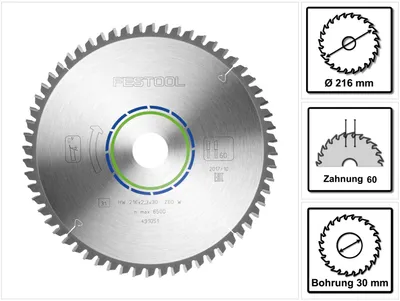 Productafbeelding van Festool speciaal cirkelzaagblad HW 216 x 30 x 2,3 mm W60 ( 491051 ) 216 mm 60 tanden